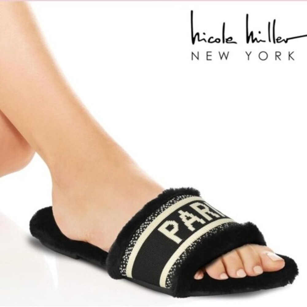 Nicole Miller Cozy Slippers Faux Fur Black Paris Sz. 8.5